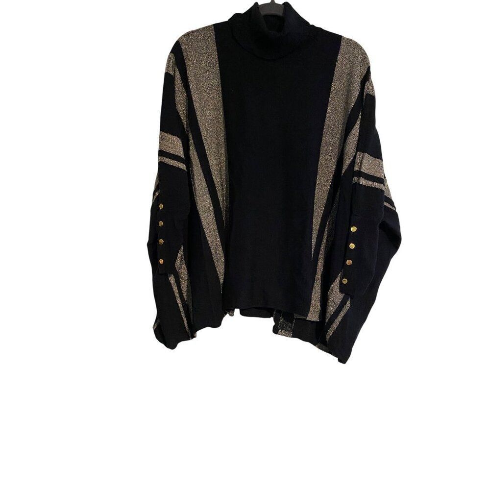 Alfani PXL Black & Metallic Pullover Sweater Top Gold Button Accents Boxy Chic